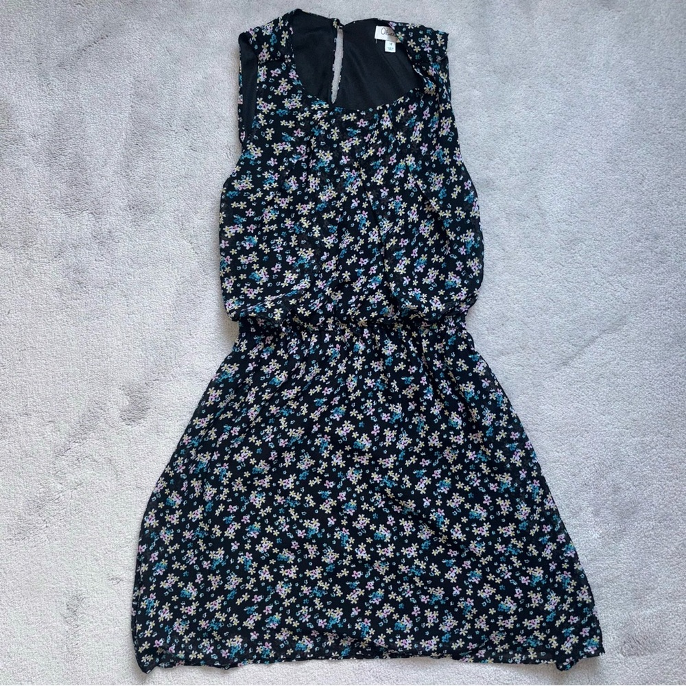 Olsenboye black floral ruched waist sleeveless midi dress